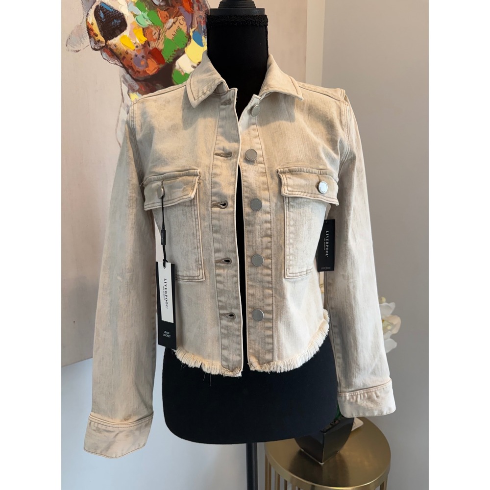 Liverpool Los Angeles Women XS Beige Frayed Hem Denim Jean Jacket Sand Wash NWT